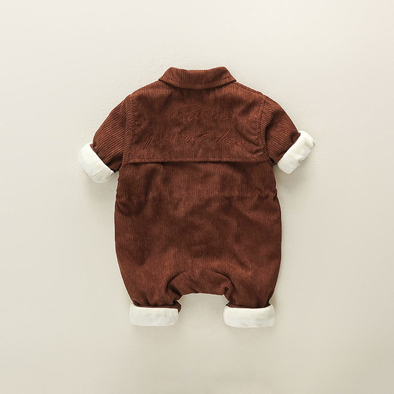 Baby outing one-piece clothes autumn winterthickened haki 0-1 years old baby boy climbing suit corduroy one-piece