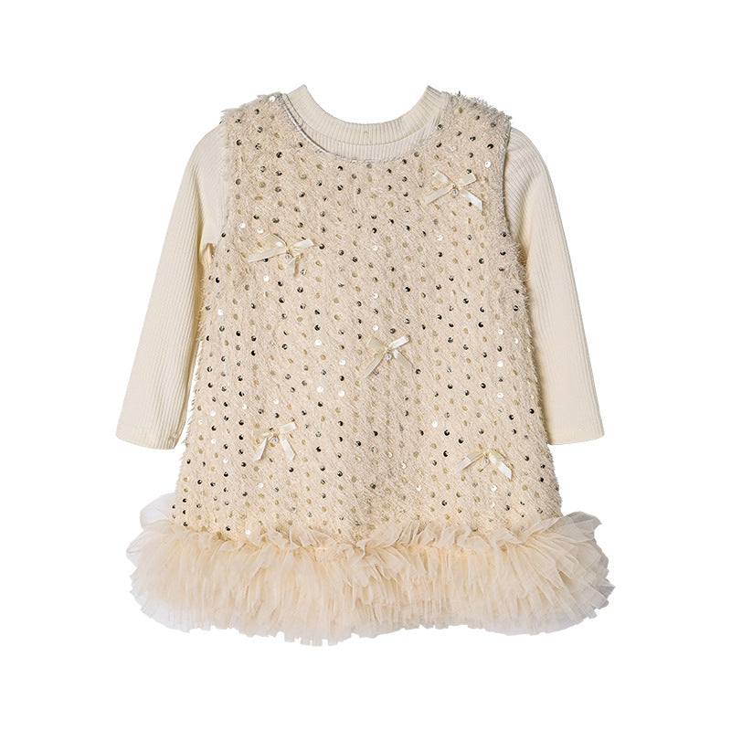 Girls' dress  autumn new collection: chanel-inspired bowknot sequin vest dress set - perfect birthday outfit for baby girls