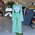 European and american cross-border women's spring  new collection: casual turn-down collar solid color loose fit long sleeve shirt and tie-waist pants set