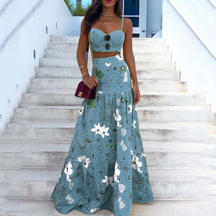 2025 spring/summer new european and american amazon aliexpress printed bandeau two-piece set with camisole and midi skirt