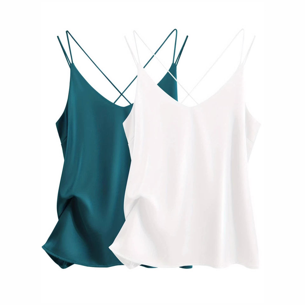 2 pack women's satin camisole v neck cross back sleeves