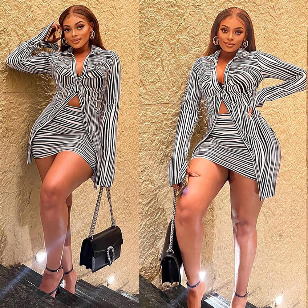 European and american skirt suit  cross-border women's fashion sexy black and white striped cardigan top mini bodycon skirt