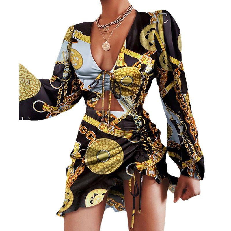 2025 new arrival: european & american style women's ruffle-trimmed leopard print long sleeve bodycon sexy drawstring dress