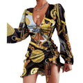 2025 new arrival: european & american style women's ruffle-trimmed leopard print long sleeve bodycon sexy drawstring dress