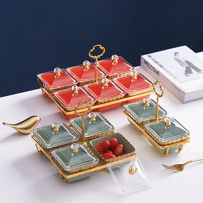 New year ceramic fruit plate with lid dustproof for home dried fruit plate hotel cafe grids dessert plate multi-color snack plate