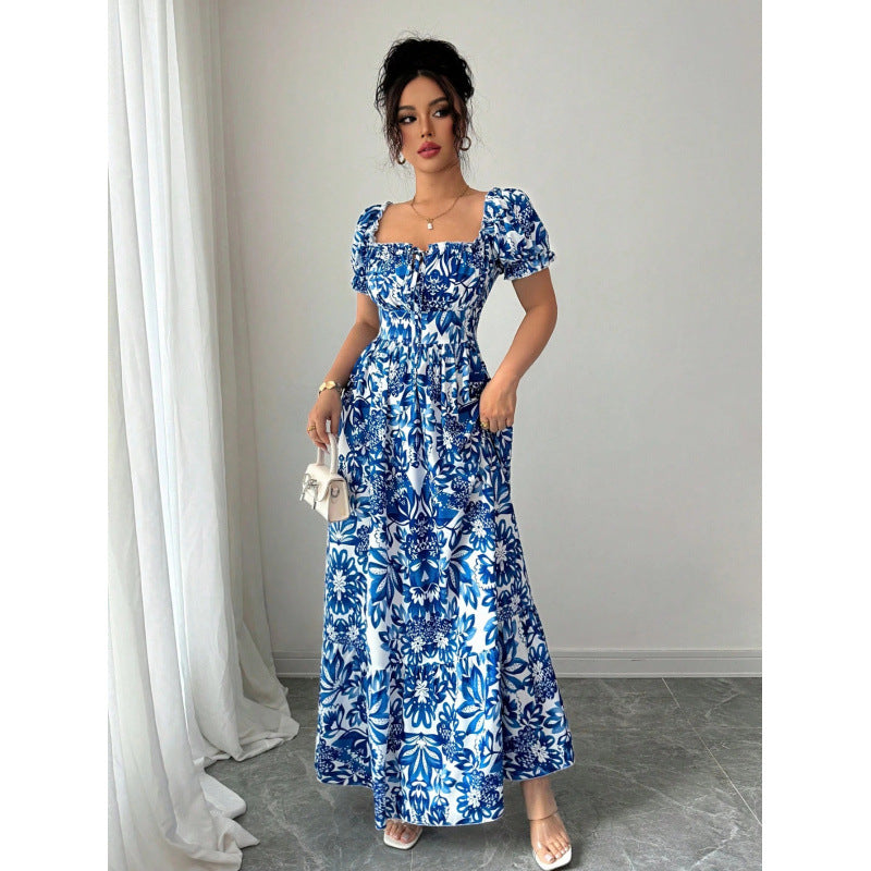 european and american cross-border foreign trade women's short-sleeved printed loosedress medium long skirt