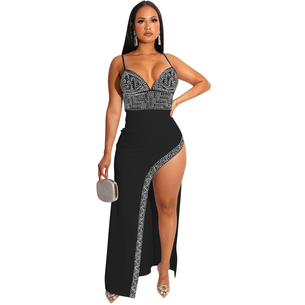 C5902 cross-border new arrival: hot-selling -style european and american rhinestone embellished sexy cami irregular maxi dress