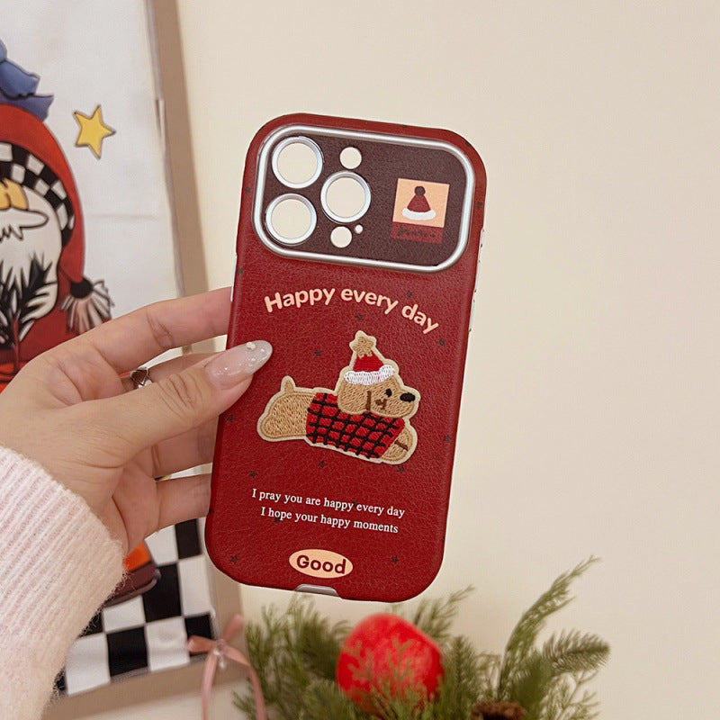 Red hat puppy compatible apple iphone 17 shockproof phone case, leather texture, large view window, iphone 16 pro max protective cover