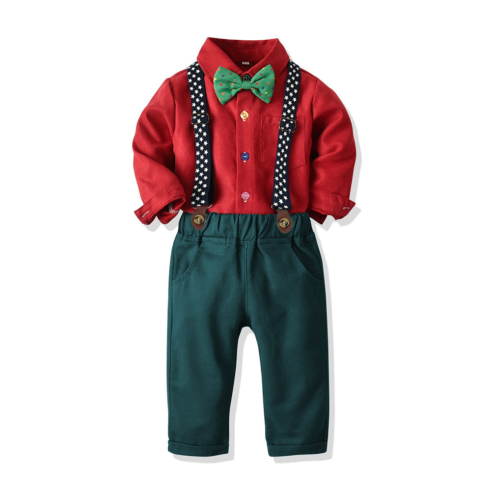 New arrivals: autumn collection - boys' cotton long-sleeve shirt & overalls set - perfect for first birthday & christmas gifts (cross-border e-commerce)