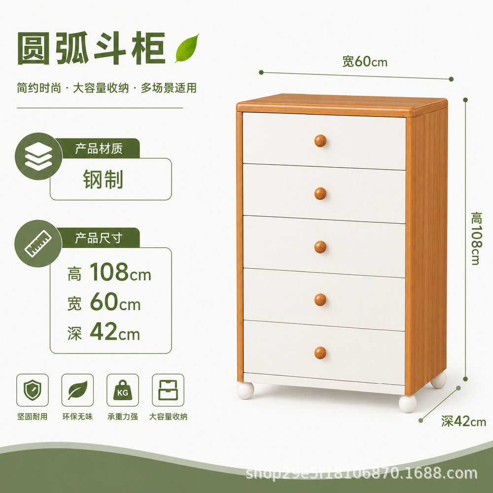 new steel low cabinet with rounded corners, freestanding five-drawer unit, wall-mounted integrated storage cabinet, kids' organizer