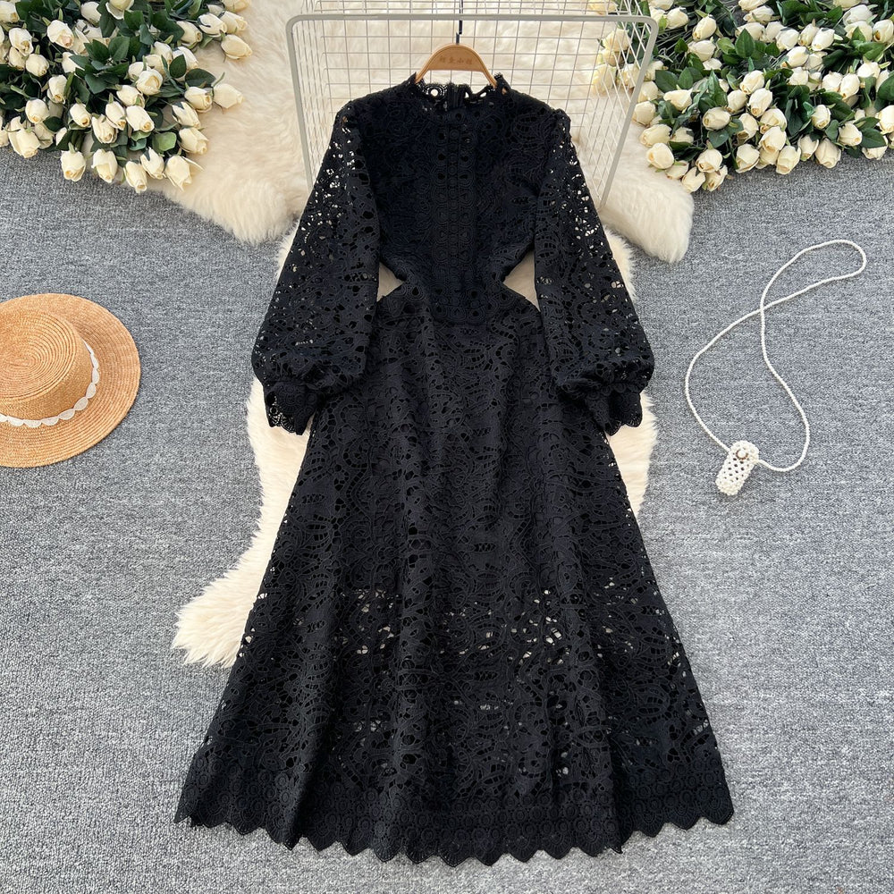 Classyelegancelacedressnew arrivalcut out crochet waist lantern sleeve long sleeves waist dress