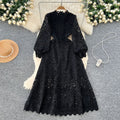 Classyelegancelacedressnew arrivalcut out crochet waist lantern sleeve long sleeves waist dress