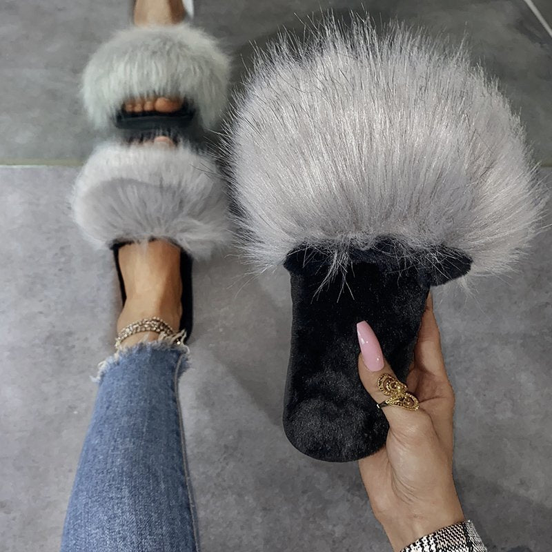 Amazon export one-character plush home cotton slippers women's autumn and winter new fashion outwear fur slippers wholesale