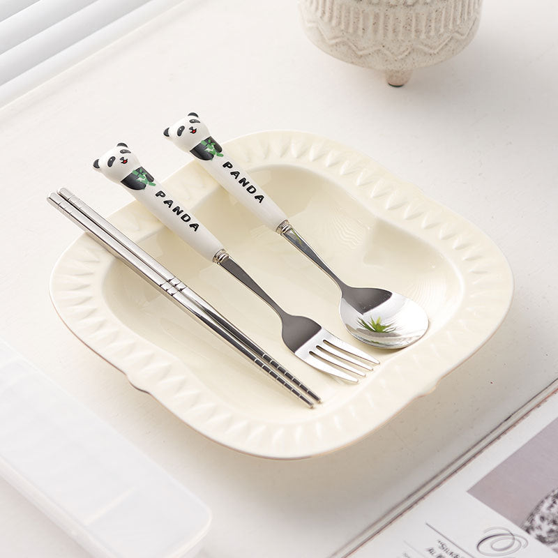 304 stainless steel portable cutlery set - creative panda design with ceramic handle fork, spoon, and chopsticks (3-piece set)