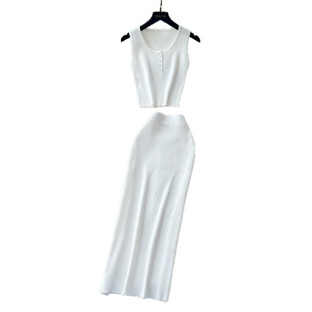 Luxury minimalist sleeveless knit two-piece set for women - summer casual commute high-waisted slimming fit