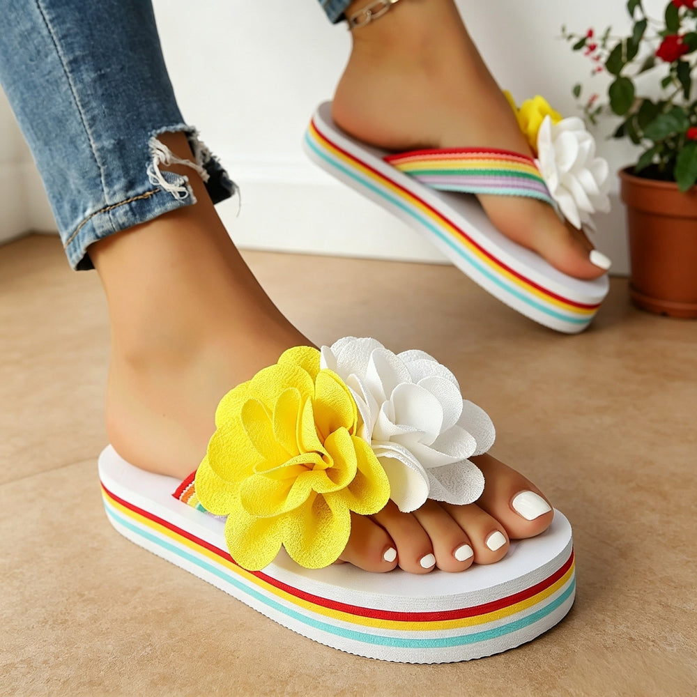 Export plus sizenew arrival cross-border flower flip-flops women's outer wear wedge beach thick sole sandals wholesale