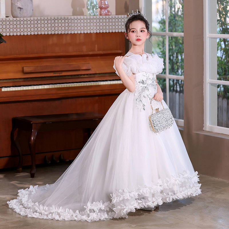 European and american style cross-border girls' gown - long train embroidered princess dress - piano performance dress - runway high-end light luxury style