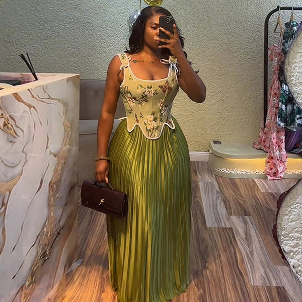 European and American  women's clothing 2025 summer new temperament bow waist sleeveless top pleated skirt set