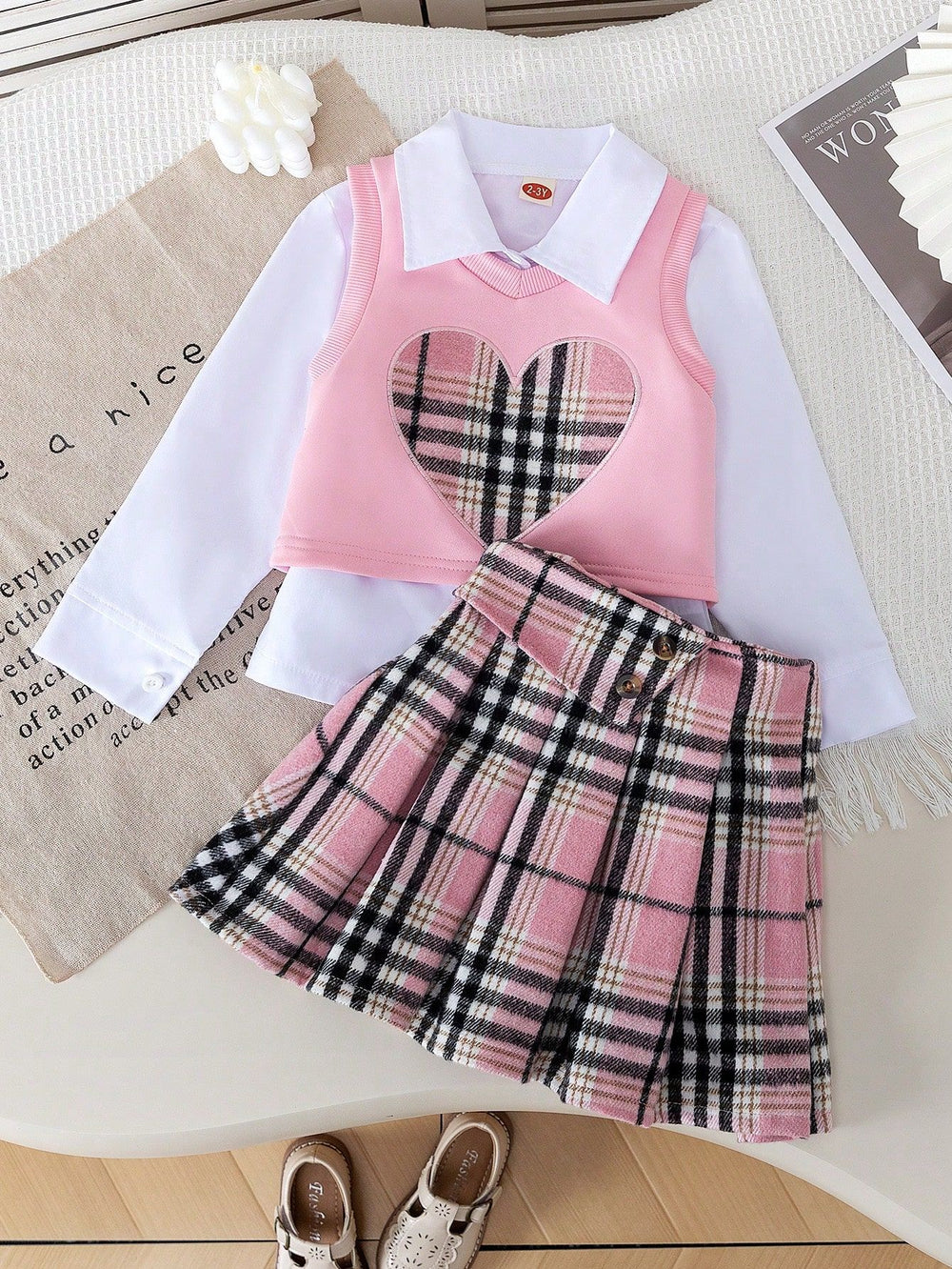 new summer cross-border girls' collared shirt, plaid patchwork skirt three-piece set