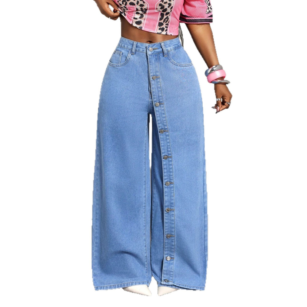 Fashionjeans women's light blue washed placket buttoned stylish slit high waistloose floor-length wide-leg denim pants