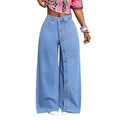 Fashionjeans women's light blue washed placket buttoned stylish slit high waistloose floor-length wide-leg denim pants