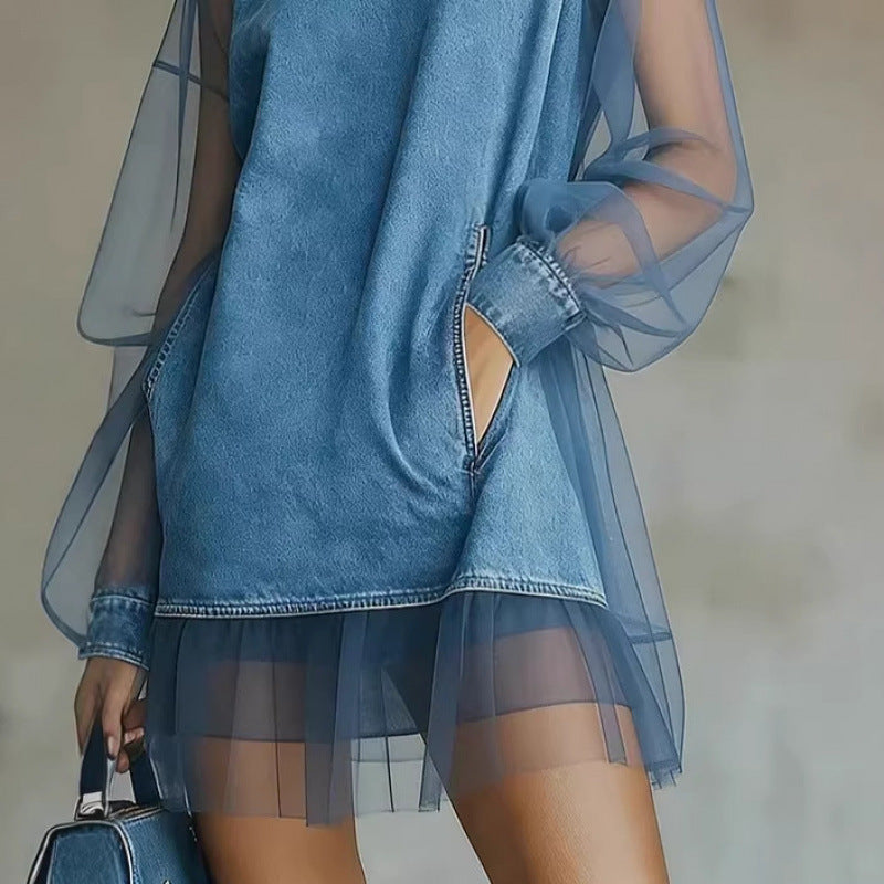 Amazon european style urban minimalist lantern sleeve patchwork faux collar denim mini dress - women's summer slimming dress