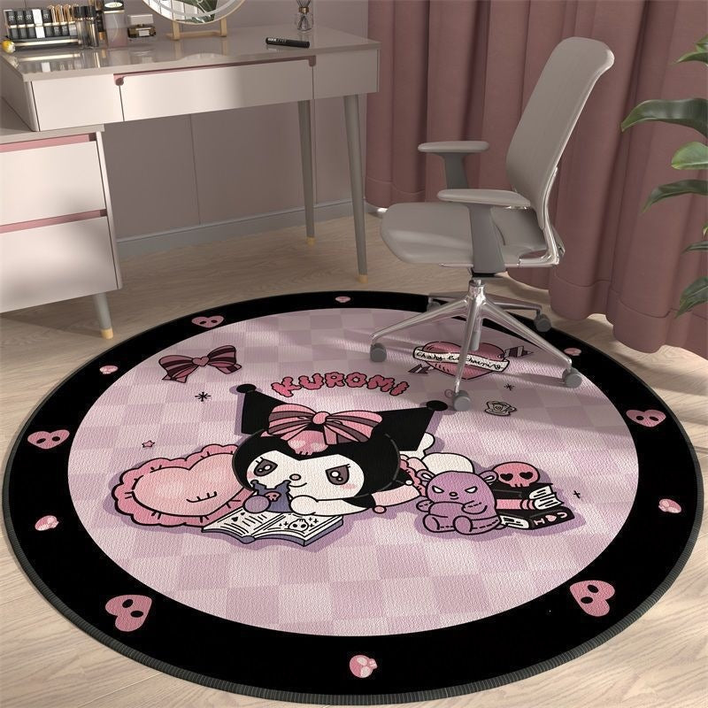 Cute kuromi round rug for living room, computer chair mat for study, foot pad for dressing table in cloakroom, bedside blanket for bedroom