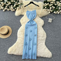 European and american style chic cutout backless halter knit dress - women's figure-hugging maxi dress with 3d floral appliqués