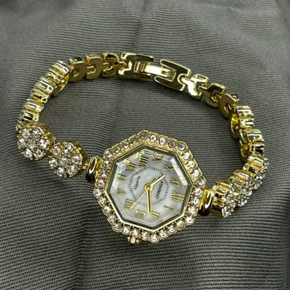 New arrival diamond-shaped full diamond sunflower dial, compact thin strap, high-value digital surface pull-out bracelet women's watch