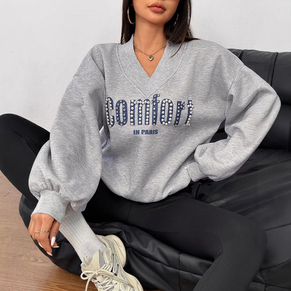 v-neck beaded letter sweatshirt women's loose lazy style pullover shirt fashion stylecasualeasiest for matchtops