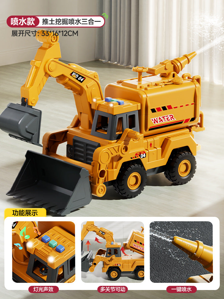Kids' large-sized spray excavator - boy's digger, fire truck, and water sprinkler construction vehicle with lights and sounds