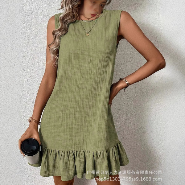 ODS5569  new women's clothing round neck sleeveless ruffle edge casual skirt