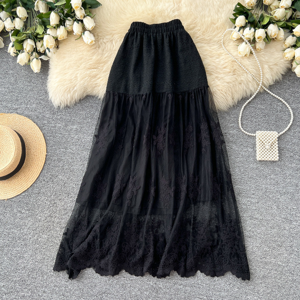 French chic embroidered lace patchwork a-line midi skirt - high waist, slimming, and versatile cake skirt
