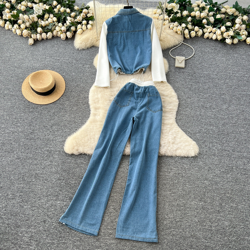 Stylish women's fall/winter outfit: premium patchwork long-sleeve denim top & high-waisted, slimming wide-leg straight-leg pants two-piece set