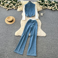 Stylish women's fall/winter outfit: premium patchwork long-sleeve denim top & high-waisted, slimming wide-leg straight-leg pants two-piece set