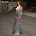 European and american style cross-border black and white design women's sleeveless sexy bodycon dress with high neck, open back, and gradient color