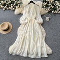 French chic embroidered sequin floral tie-waist lantern sleeve maxi dress - high-end women's fashion