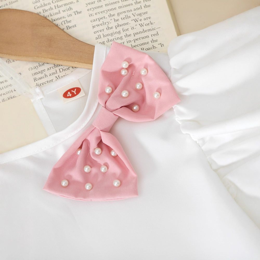 new arrival: girls' european & american style, elegant solid color flutter sleeve t-shirt with cute bow + denim shorts set