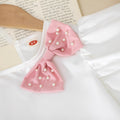 new arrival: girls' european & american style, elegant solid color flutter sleeve t-shirt with cute bow + denim shorts set