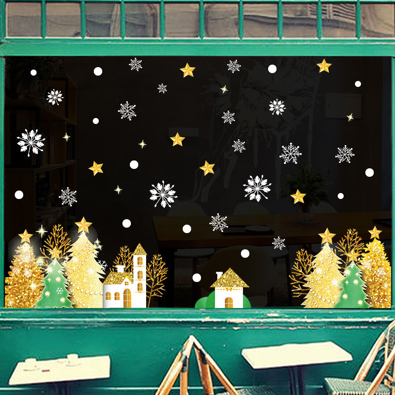 Christmas decoration glass door sticker shop window scene arrangement golden Christmas tree snowflake glue-free static sticker