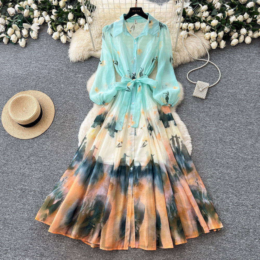 Gentle wind tie-dye gradient printingelegantdress women's autumlong sleeves waist a-line skirt vacation style work clothing skirt