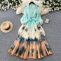 Gentle wind tie-dye gradient printingelegantdress women's autumlong sleeves waist a-line skirt vacation style work clothing skirt
