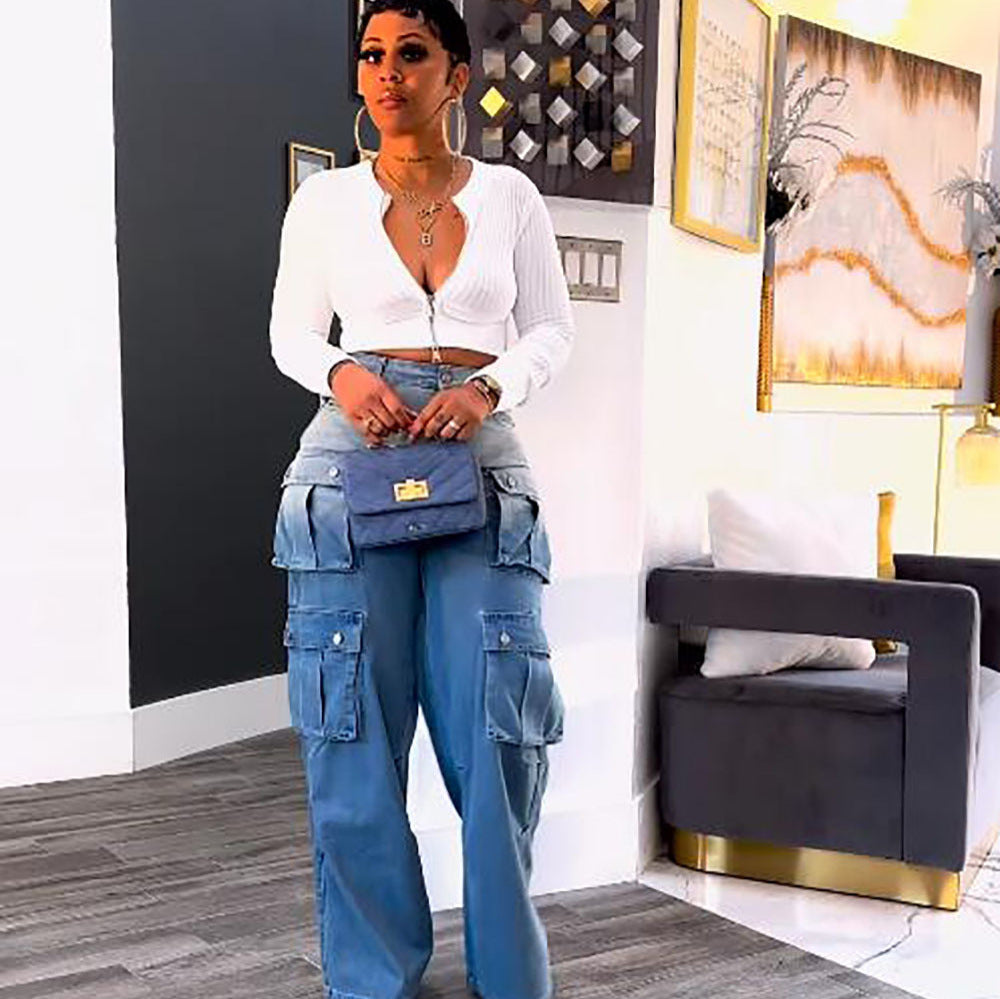 European and american style tie-dye jeans -  cross-border women's fashion high-waisted multi-pocket gradient wide-leg pants