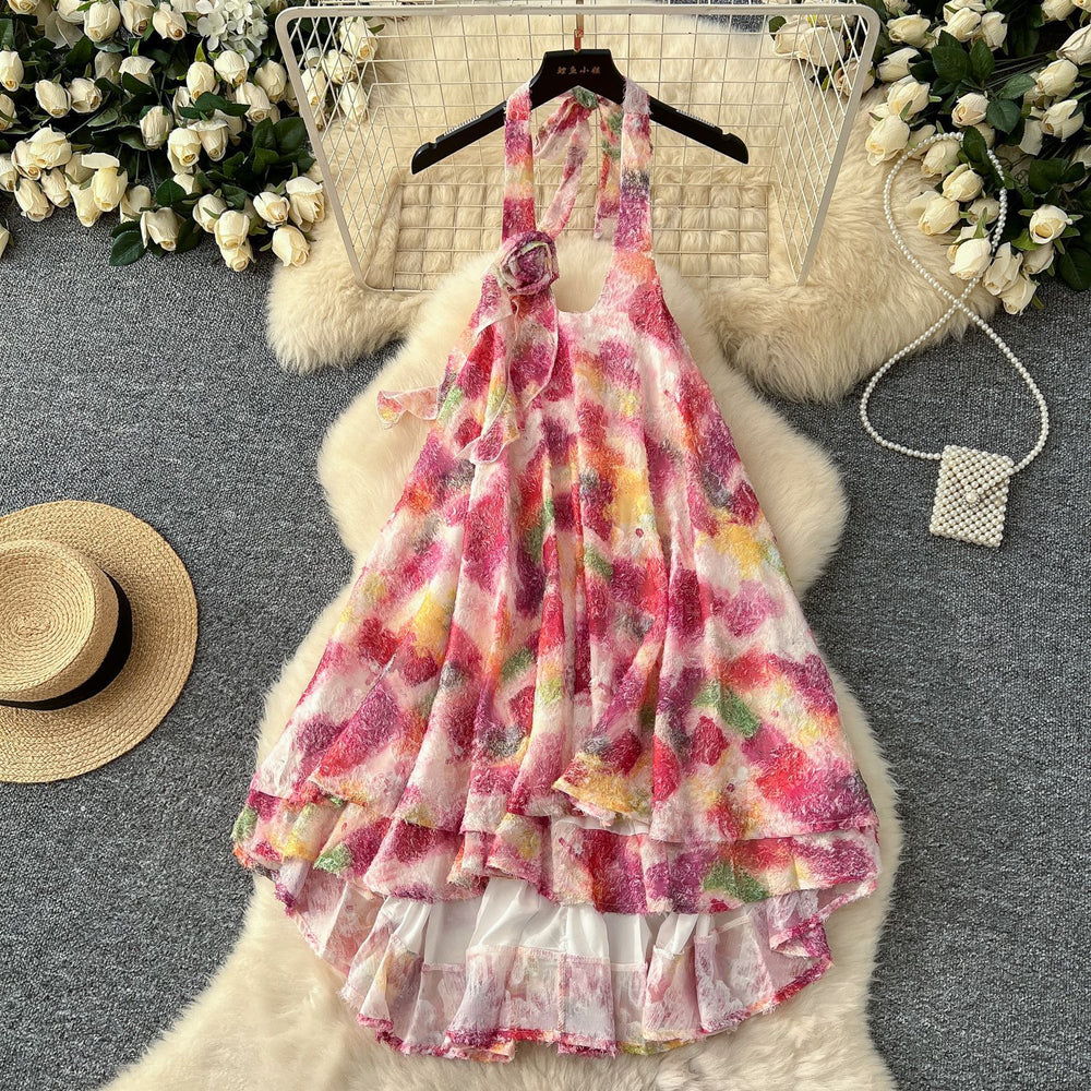 Summer 3d floral halter neck cami dress - loose fit, a-line, short, with ruffle hem - perfect for vacation