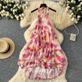 Summer 3d floral halter neck cami dress - loose fit, a-line, short, with ruffle hem - perfect for vacation