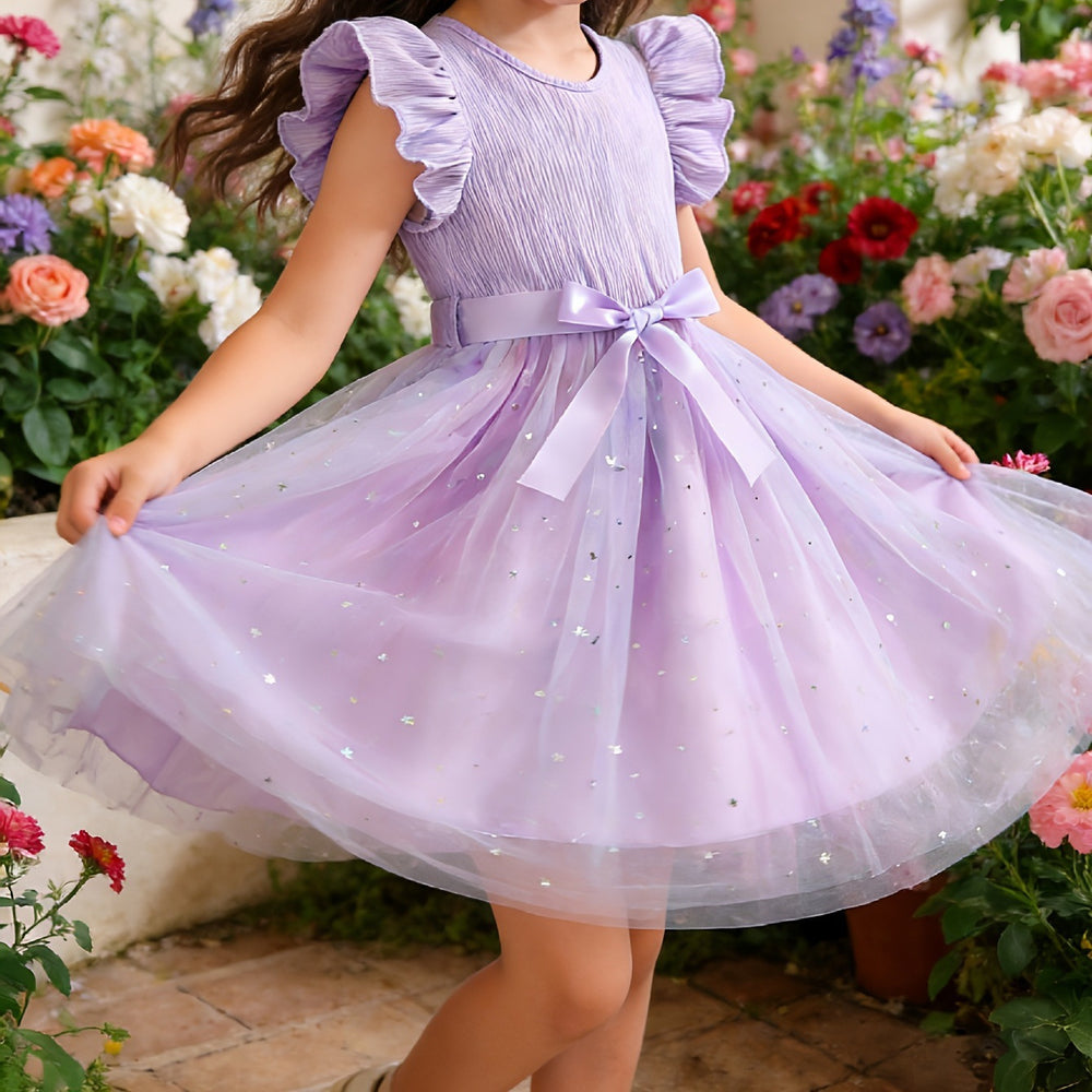 Exportgirl light purple pit strips flying sleeves gradient star mesh skirt summerkidsbows princess dress trendy