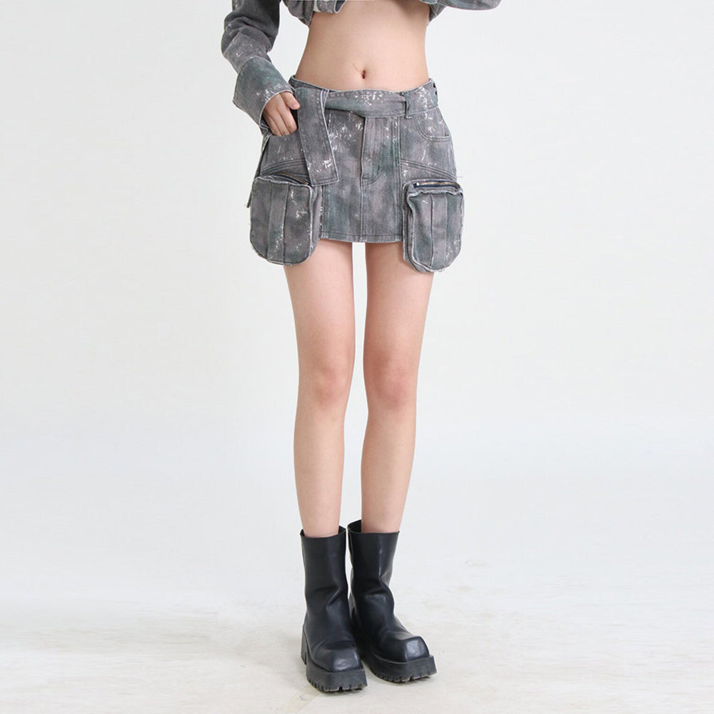 European and american retro bodycon skirt for women,  spring/summer camouflage tie-waist patchwork cargo midi skirt