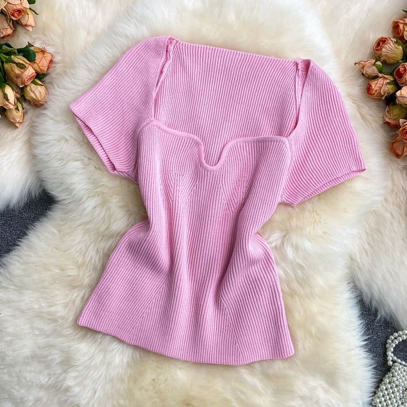 Summer hot girl style short t-shirt short sleeve sense of designniche style square neck heart exposed collarbone exposed navel knitting shirttops women