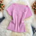 Summer hot girl style short t-shirt short sleeve sense of designniche style square neck heart exposed collarbone exposed navel knitting shirttops women
