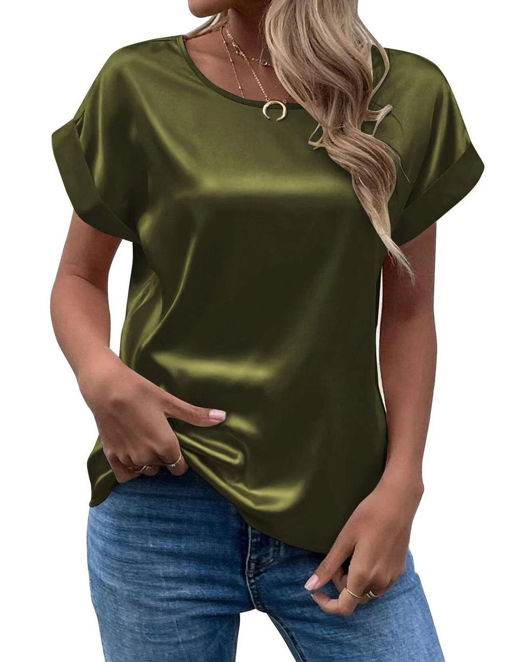Women's short-sleeve satin blouse - relaxed fit, versatile crew neck, satin shirt - cross-border   new arrival